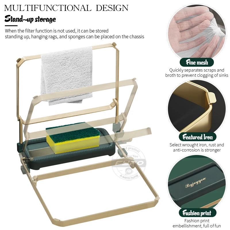 Foldable Kitchen Sink Filter Rack & Strainer Mesh Bag Stand